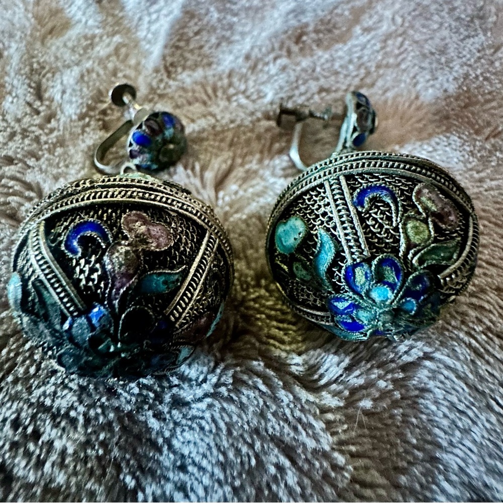 Antique 1900’s Chinese Silver & Inlaid Enamel RARE Lantern Earrings